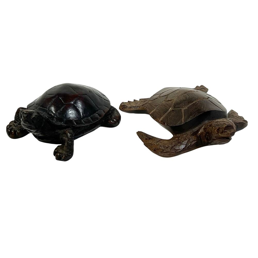 Vintage Hand Carved Wood Turtle Figurines Lot Sea Turtle Tortoise Statue 2pc